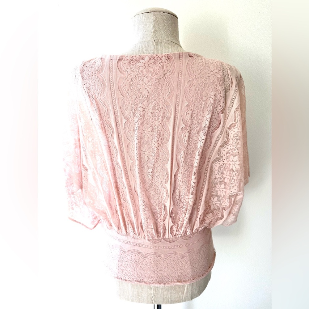 Elle Pink Lace V-Neck Dolman Sleeve Romantic Coquette Boho Balletcore Blouse - Picture 6 of 11